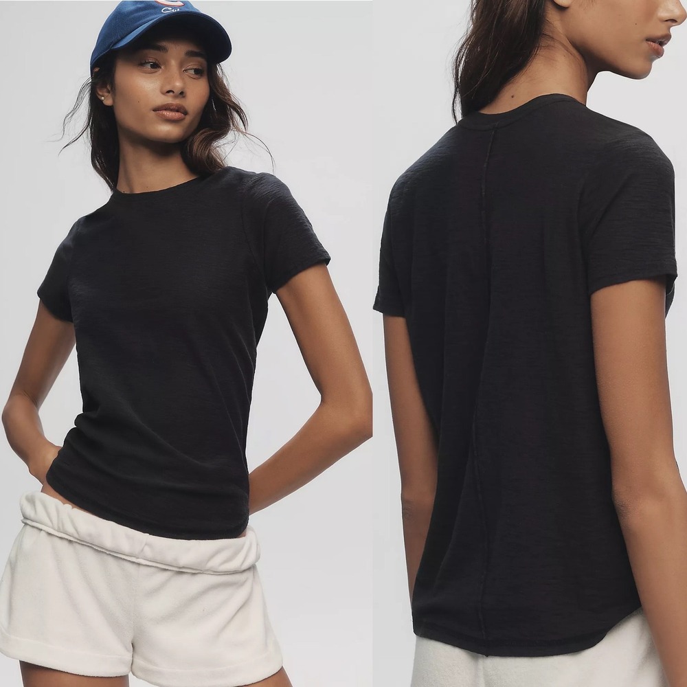 Anthropologie Pilcro Womens Bennie Tee S Black Slub Cotton Crew Neck Minimalist